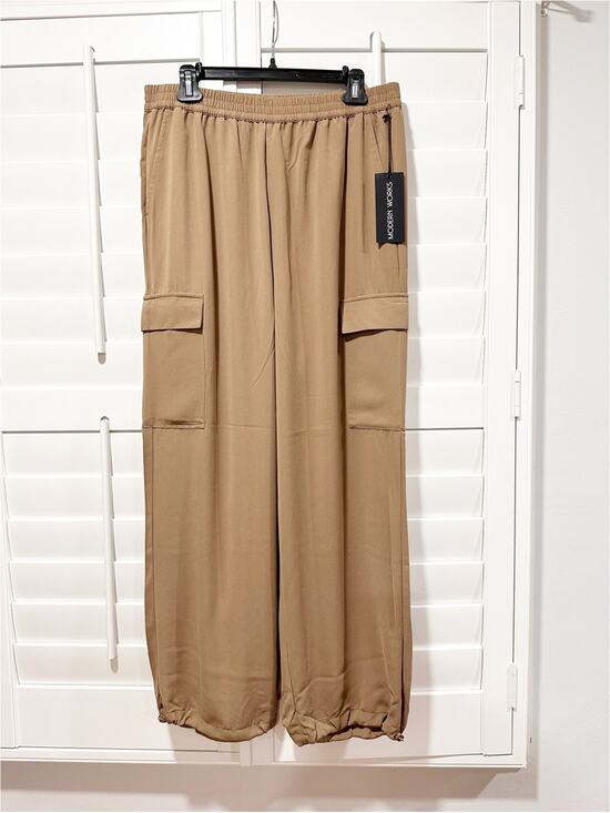 Pants - Modern Works Pants Cargo Jogger Large Tan Elastic Waist NWT Drawstring Ankle Hem